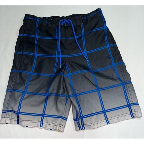 O'rageous Board Shorts Mens Small Swim Trunks Black Blue Plaid Lined Elastic - Picture 1 of 4